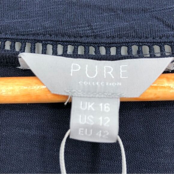 Pure Collection Tee Womens 12 Navy Blue Short Sleeve Embroidered Leaf Cutout - Picture 4 of 10